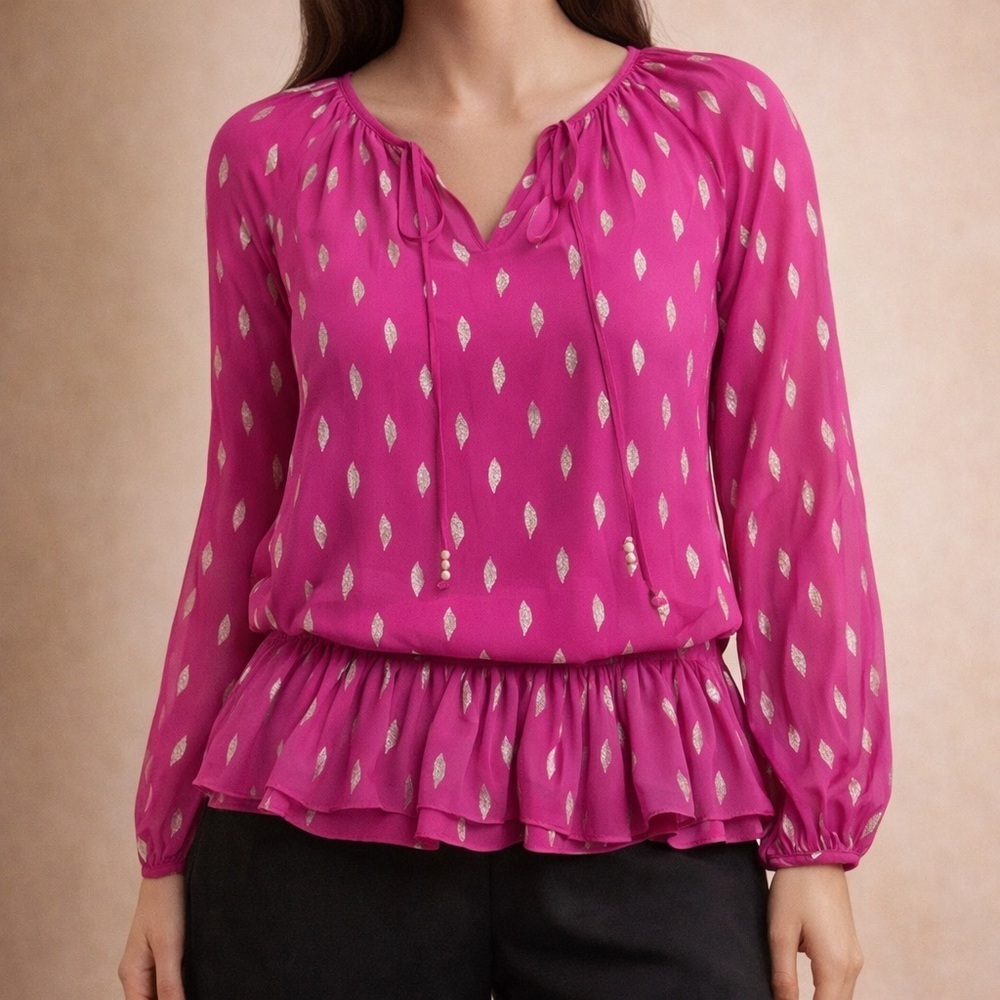 Lily Pulitzer Pink Gold Print Ruffle Blouse XXS Resort Chic Top